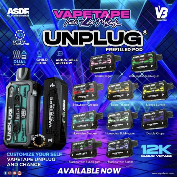 VAPETAPE UNPLUG 12000 DISPOSABLE Vapetape Unplug 12000 in our Vape Singapore – SG VAPE NOW Ready Stock , Get it now with us and same day delivery ! The Vapetape Unplug 12000 disposable vape is by ASDF , provides an excellent vaping experience with a 12K puffs capacity. For ease of use and diversity, this Vape system combines with a 5% nicotine context and type C charghing port. Its creative design prioritises portability and ease of use while offering a fulfilling vaping experience. Users looking for a longer lasting choice without the inconvenience of refills or recharges may enjoy a customisable and controlled vaping experience with this device’s features including adjustable airflow and a battery indicator. Specification: Puffs : 12000 puffs Volume : 21ML Flavour Charging : Rechargeable with Type C Coil : Mesh Coil Fully Charged Time : 25mins Nicotine Strength : 5% ⚠️VAPETAPE UNPLUG 12K FLAVOUR LINE UP⚠️ Berries Yogurt Blackcurrant Berries Blackcurrant Bubblegum Double Grape Honeydew Bubblegum Honeydew Slurpee Mango Slurpee Solero Tropical Strawberry Grapple Watermelon Bubblegum SG VAPE COD SAME DAY DELIVERY , CASH ON DELIVERY ONLY. ORDER BEFORE 5PM , SAME DAY NIGHT SLOT 7PM – 10PM RECEIVED PARCEL. TAKE BULK ORDER /MORE ORDER PLS CONTACT US : SGVAPENOW WHATSAPP VIEW OUR DAILY NEWS INFORMATION VAPE : SGVAPENOW CHANNEL